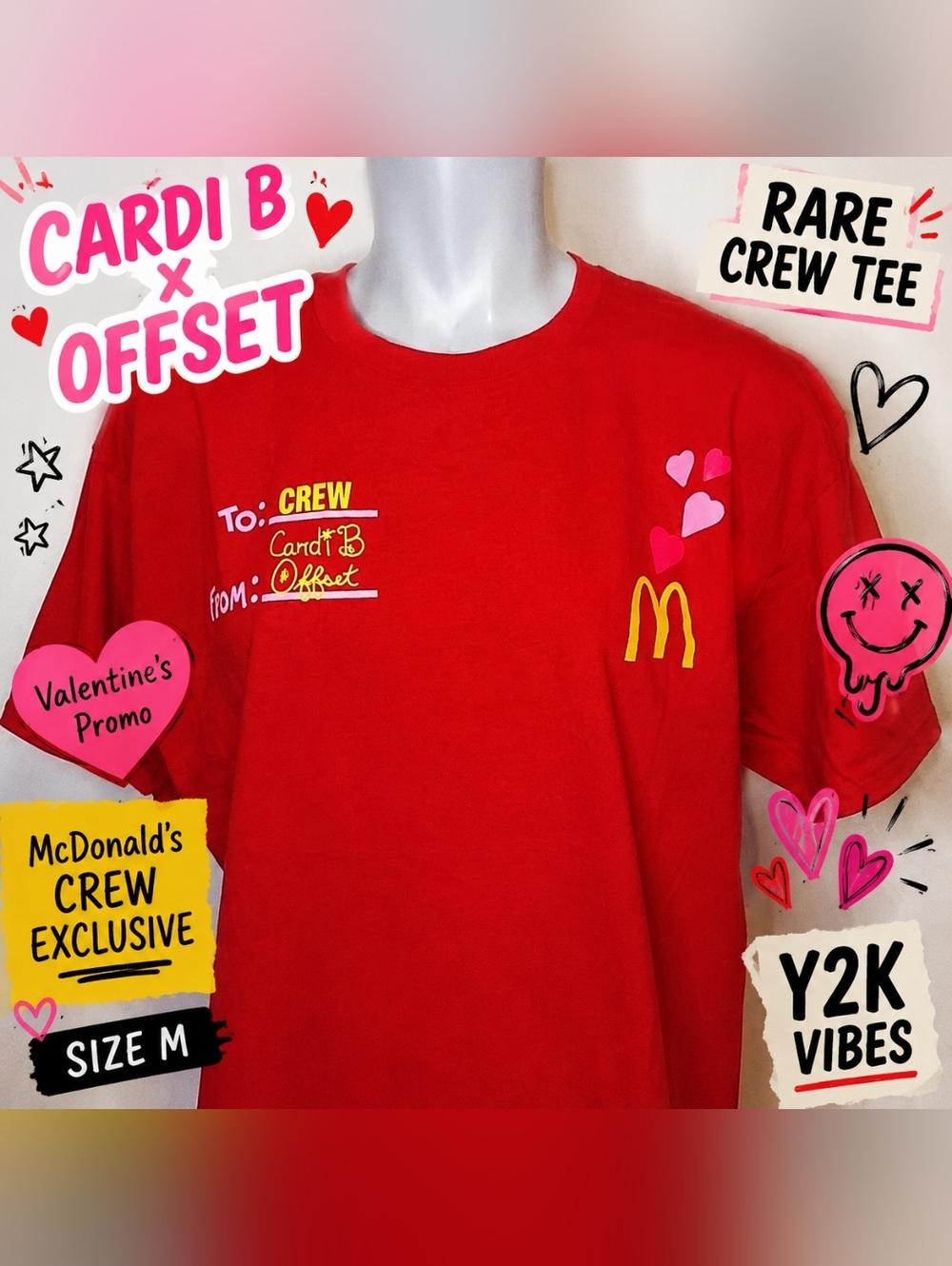 Cardi B x Offset McDonald's Crew Valentine Promo Tee Red Graphic Shirt Size M‎
